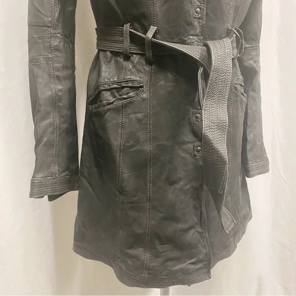 Dick & Jayne Charcoal Gray/Black Genuine Leather Belted Trench Coat - Picture 4 of 11